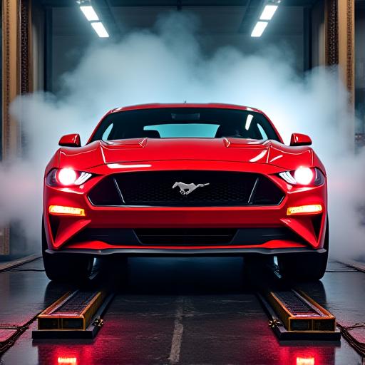 A powerful Ford Mustang GT strapped securely to a dynamometer, mid-diagnostic power run with exhaust gases visible.