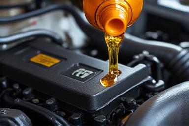 Mechanic pouring premium synthetic oil during a performance car service.